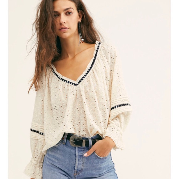 Free People Tops - Free People Darcy Eyelet Blouse w/ Velvet Ribbon NWOT